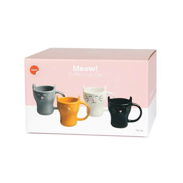 Balvi Service à café Meow! 4 tasses En forme de chat Capacité: 90ml (x4) Céramique DESIGN AMUSANT