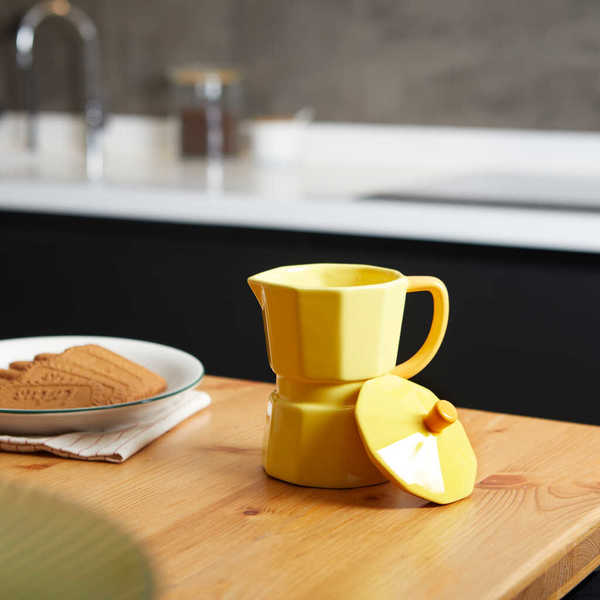 alvi - Moka Balvi Mug Moka Color amarillo Taza en forma de cafetera italiana con tapa Cerámica 350 m
