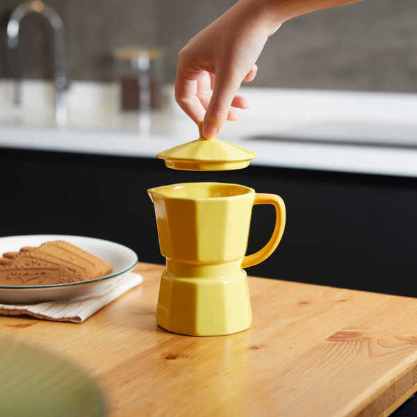 alvi - Moka Balvi Mug Moka Color amarillo Taza en forma de cafetera italiana con tapa Cerámica 350 m