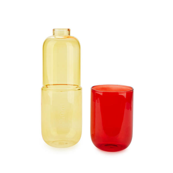 Balvi Botella & Vaso Water Pill Color amarillo/rojo Una píldora para calmar la sed Vidrio 550ml
