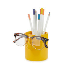 alvi Porta matite & portaocchiali Nosy Buddy Colore giallo Organizer 2 in 1, dipinto a mano Ceramica