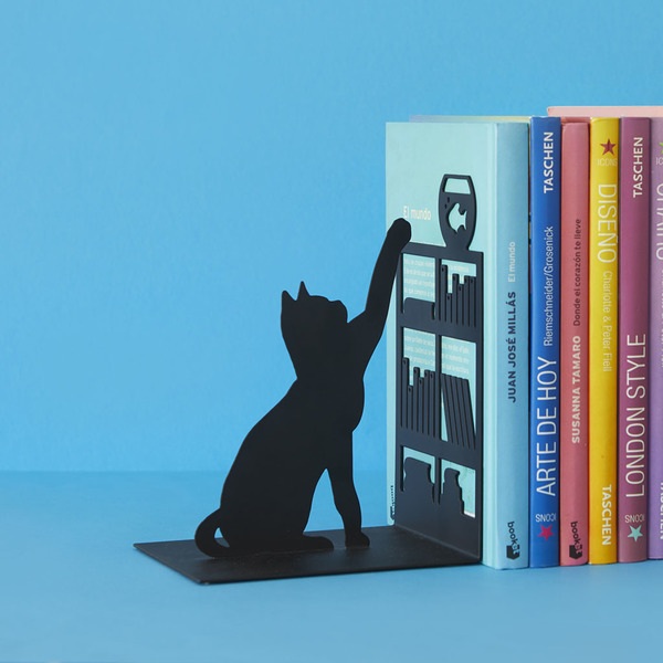 alvi Sujetalibros Fishing Cat Color negro Sujetalibros decorativo con figura de gato, libreria y pez