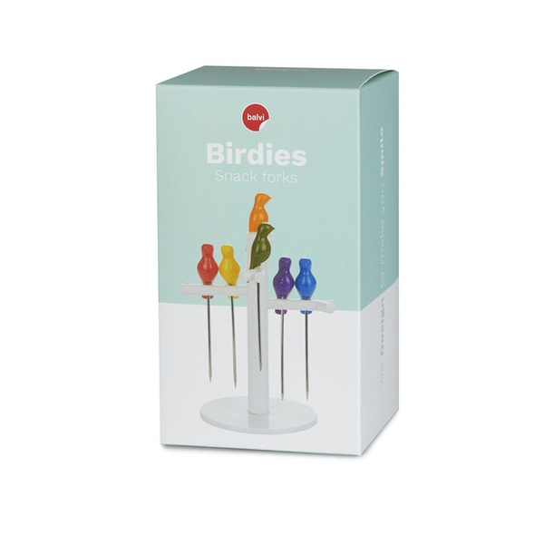 Balvi Snack fork Birdies 6 forks or metal sticks Shaped bird and 1tree shaped base Plastic