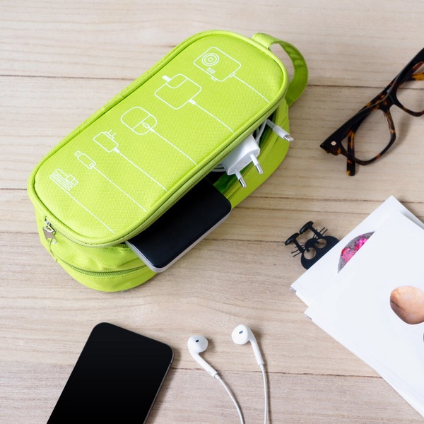 alvi Organizer per cavi Tidy Colore verde astuccio doppio Con tasche e divisori con manico Poliester