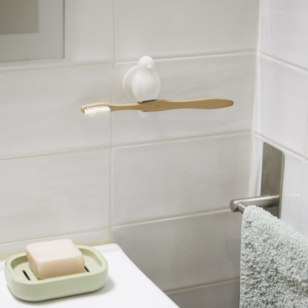 alvi Porte-brosses à dents Birdie Couleur blanc Avec ventouse En forme d'oiseau SiliconeFacile à pos