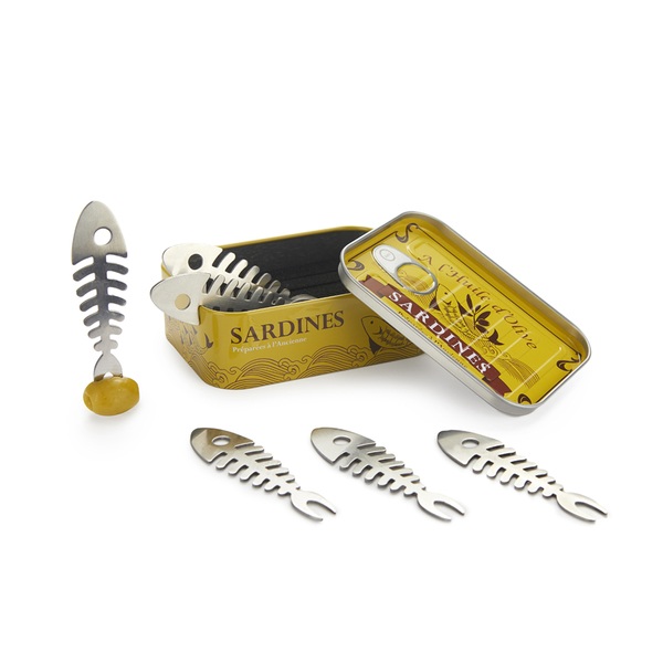 alvi   Sardines set de 6 tenedores para aperitivo en forma de raspa de sardina y presentado en una l