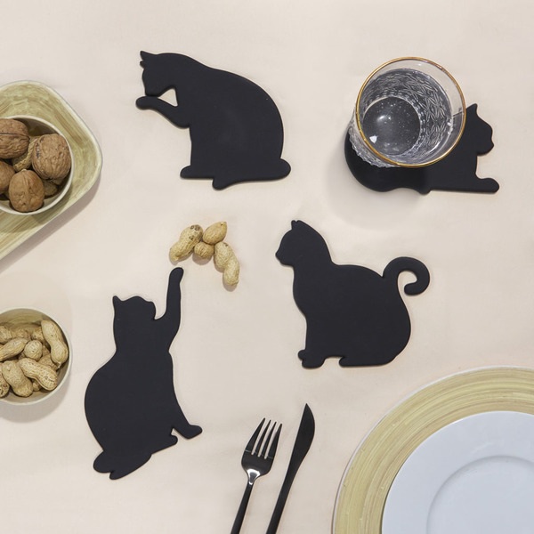 alvi Posavasos Cat Color negro Set de 4 posavasos originales en forma de gatos Incluyen imanes para