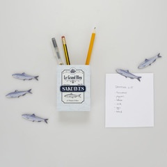 alvi Pot à crayons magnétique Sardines Couleur blanc Pot au design de sardines en conserve avec aima