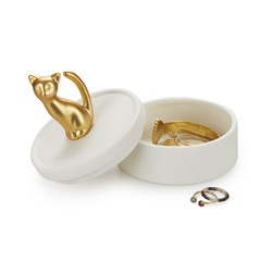 alvi Jewellery box Kitten Matte white and gold colour ceramic box with lid and a cat figurine Porcel