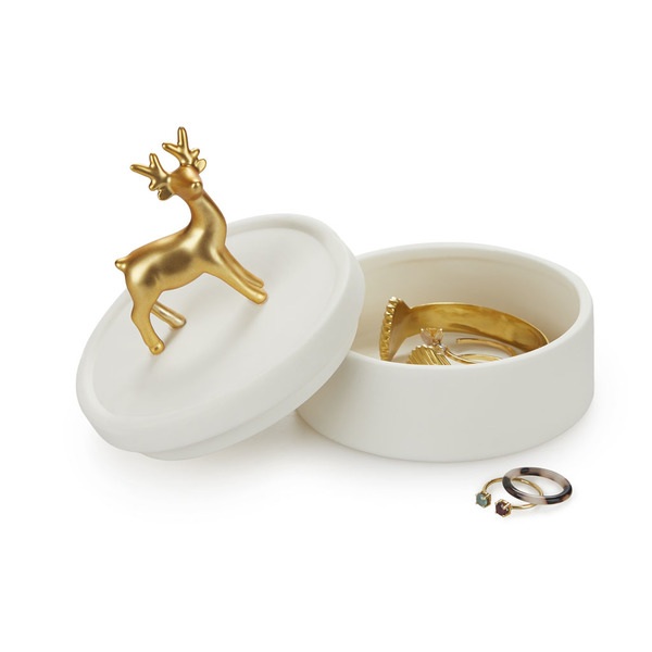 alvi Caja joyero Deerling Color blanco y dorado mate Caja de cerámica para joyas con tapa y figura d