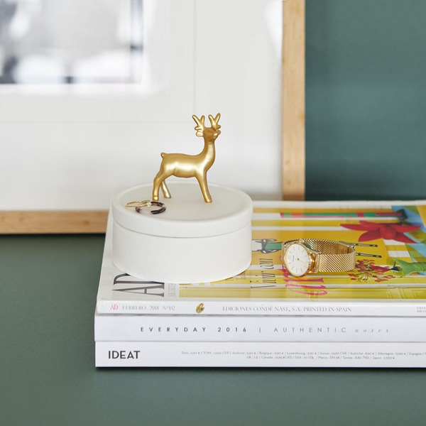 alvi Caja joyero Deerling Color blanco y dorado mate Caja de cerámica para joyas con tapa y figura d