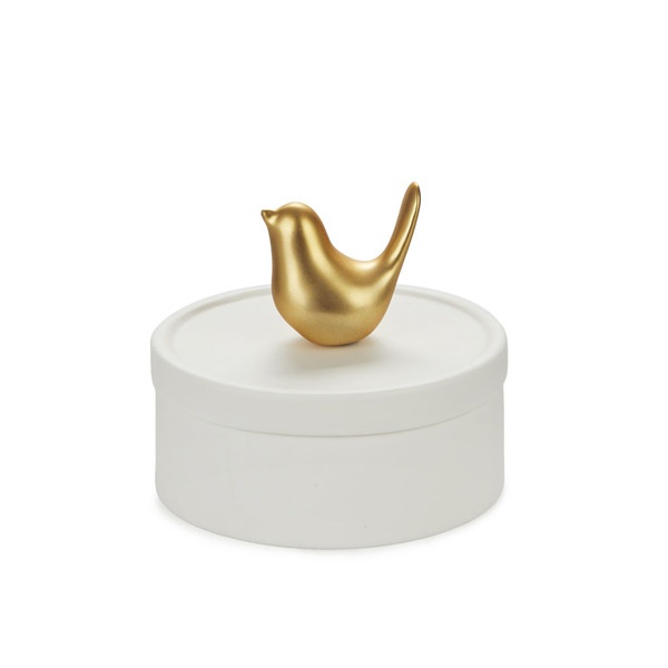 alvi Caja joyero Birdie Color blanco y dorado mate Caja de cerámica para joyas con tapa y figura de