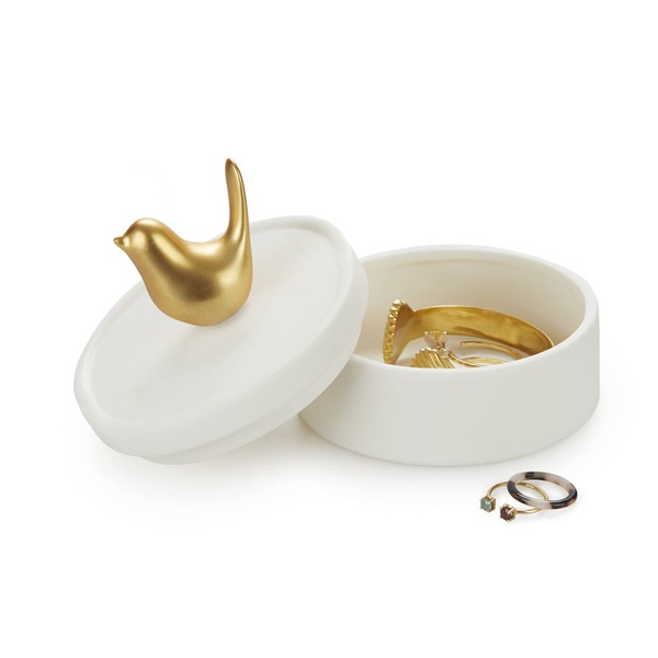 alvi Caja joyero Birdie Color blanco y dorado mate Caja de cerámica para joyas con tapa y figura de