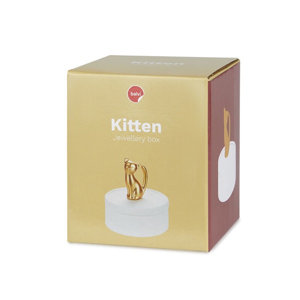 alvi Jewellery box Kitten Matte white and gold colour ceramic box with lid and a cat figurine Porcel