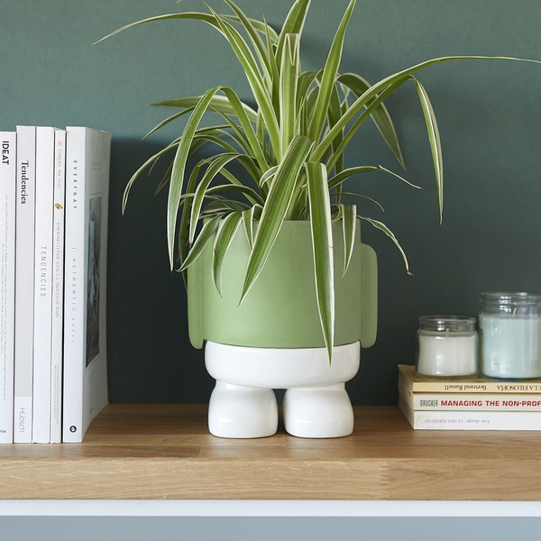 alvi Maceta MrStandy Color verde y blanco Tiesto para plantas en forma de personaje simpático Con ba