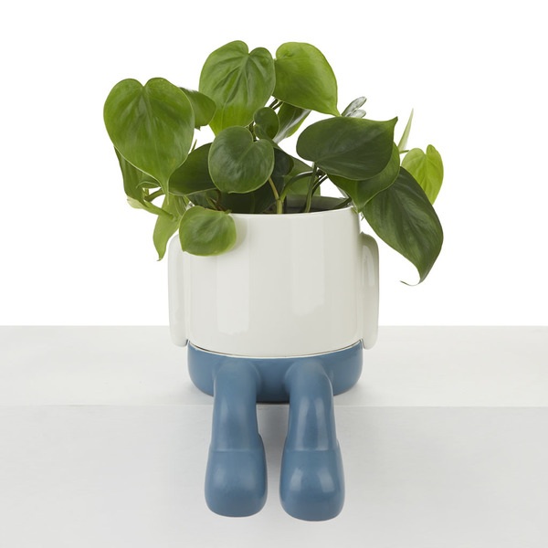 alvi Pot de fleur MrDangly Couleur bleu et blanc Pot en forme de personage sympathique Avec récipien