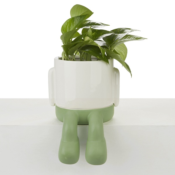 alvi Pot de fleur MrDangly Couleur vert et blanc Pot en forme de personage sympathique Avec récipien
