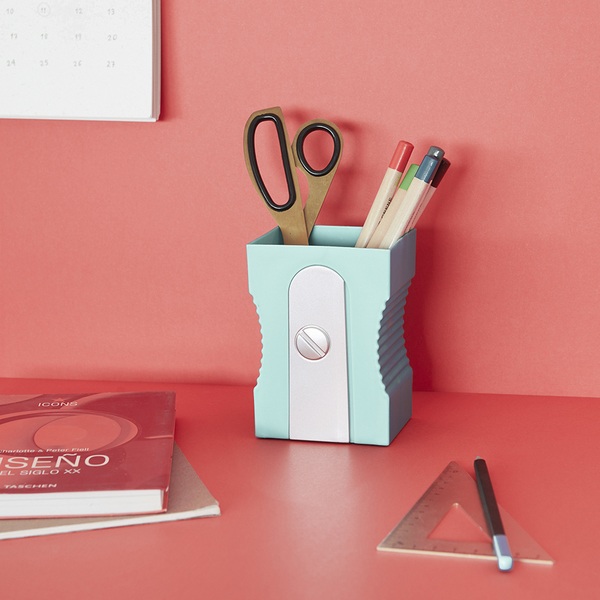 alvi Porta matite Sharpener Colore turchese piatto originale per matite e temperamatite a forma di d