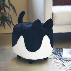 alvi Taburete Le Minou Color negro y blanco Reposapiés con forma de gato Muy suave Patas de madera M