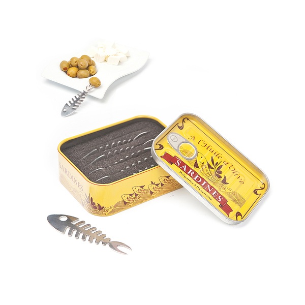 alvi   Sardines set de 6 tenedores para aperitivo en forma de raspa de sardina y presentado en una l