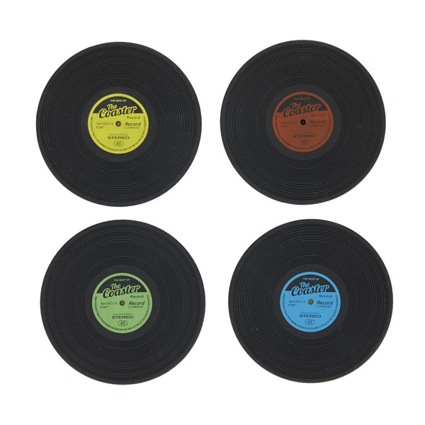 Balvi Coasters The Coaster Black colour Set of 4 coasters Shaped vinyl record Silicone 9 cmPRACTICAL