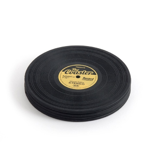 Balvi Coasters The Coaster Black colour Set of 4 coasters Shaped vinyl record Silicone 9 cmPRACTICAL
