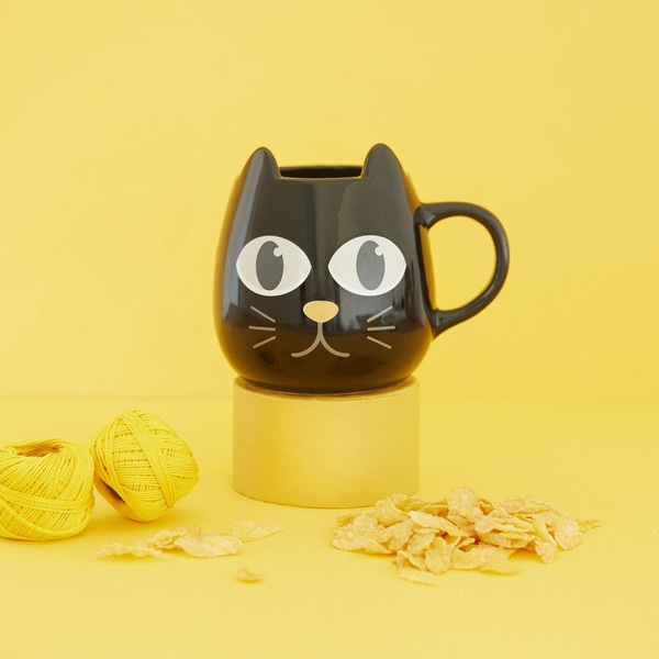 Balvi Mug Wake Cat Color negro Taza Termosensible en Forma de Gato Cambia con Agua Caliente Ceramica