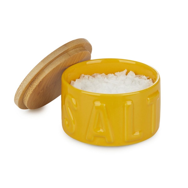 alvi Bote para sal en escamas Salt Color amarillo Salero con Tapa para Cocina Cerámica/bambú 4,8x8x8