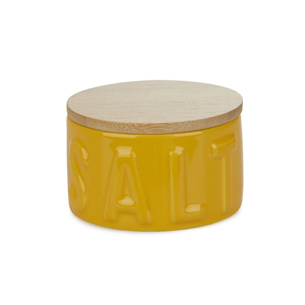 alvi Bote para sal en escamas Salt Color amarillo Salero con Tapa para Cocina Cerámica/bambú 4,8x8x8