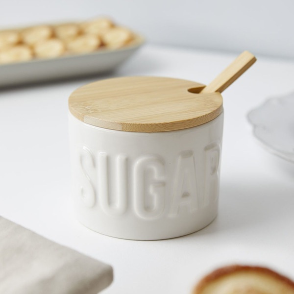alvi Azucarero Sugar Color Blanco Recipiente elegante para almacenar azúcar Cerámica/bambú 7,4x9,5x9