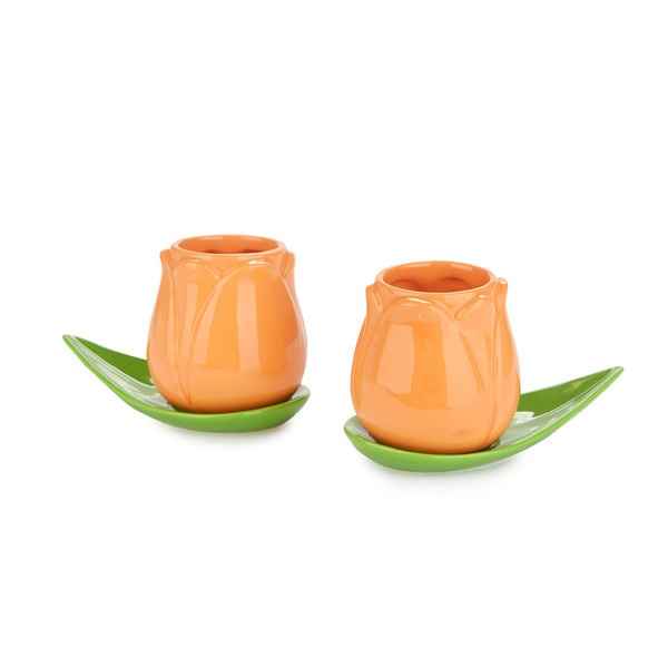 alvi Set coffee cups Tulip Orange/green Color 2 tulip-shaped cups and 2 leaf-shape plates Ceramic (2