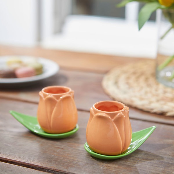 alvi Set coffee cups Tulip Orange/green Color 2 tulip-shaped cups and 2 leaf-shape plates Ceramic (2