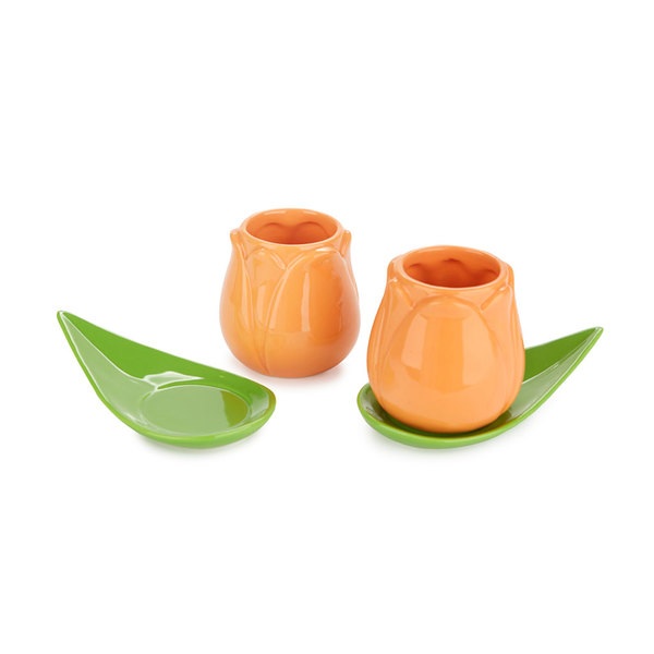 alvi Set coffee cups Tulip Orange/green Color 2 tulip-shaped cups and 2 leaf-shape plates Ceramic (2