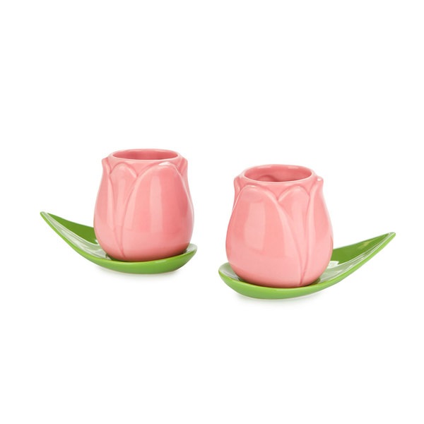 alvi Set tazas café Tulip Color rosa/verde 2 tazas con forma de tulipán y 2 platos con forma de hoja