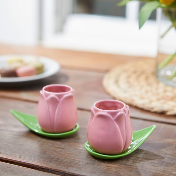alvi Set tazas café Tulip Color rosa/verde 2 tazas con forma de tulipán y 2 platos con forma de hoja