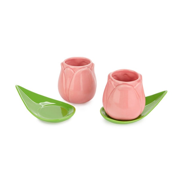 alvi Set tazas café Tulip Color rosa/verde 2 tazas con forma de tulipán y 2 platos con forma de hoja