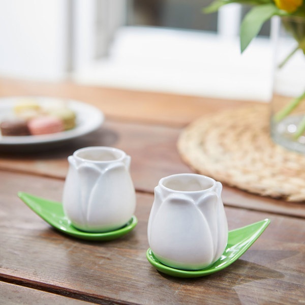 alvi Set tazas café Tulip Color blanco/verde 2 tazas con forma de tulipán y 2 platos con forma de ho
