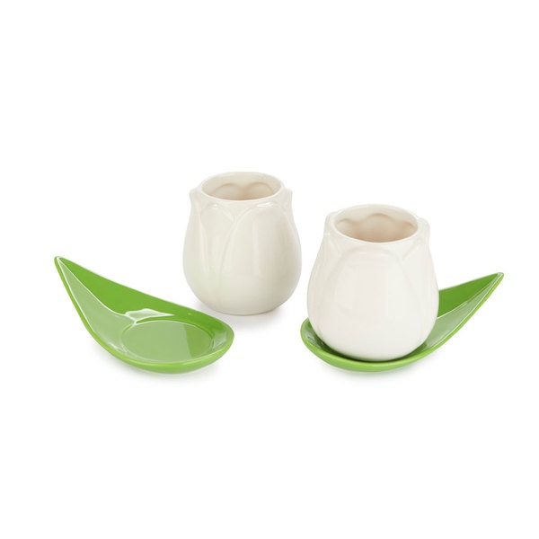 alvi Set tazas café Tulip Color blanco/verde 2 tazas con forma de tulipán y 2 platos con forma de ho