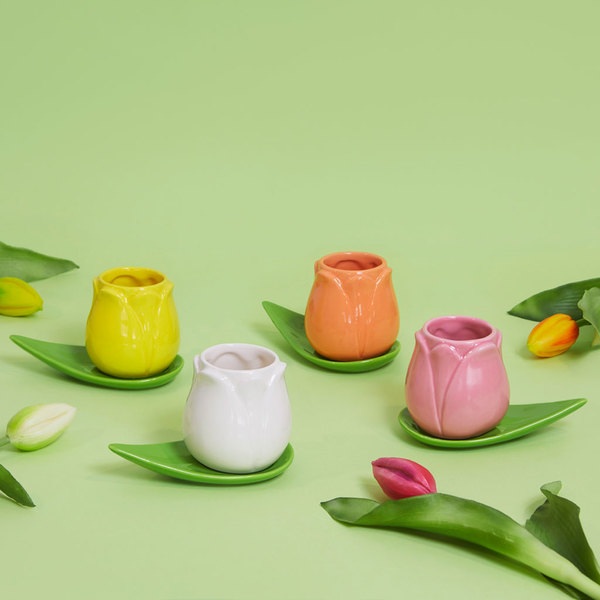alvi Set tazas café Tulip Color blanco/amarillo/naraja/rosa 4 tazas con forma de tulipán y 4 platos