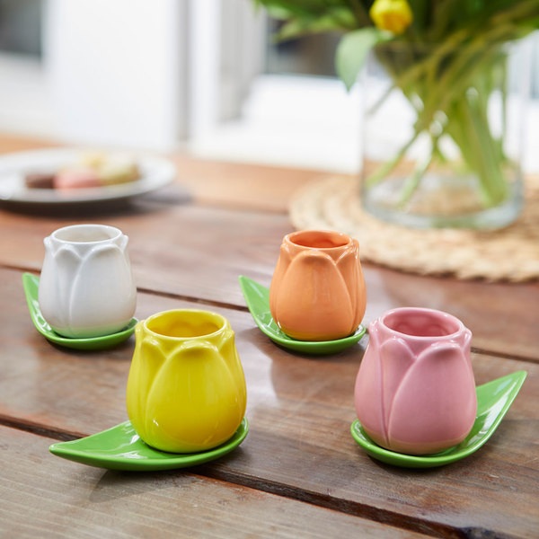 alvi Set tazas café Tulip Color blanco/amarillo/naraja/rosa 4 tazas con forma de tulipán y 4 platos