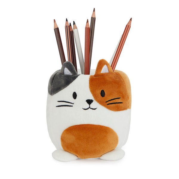 alvi Pot à crayons Fluffy Kitty Calico Couleur blanc, marron et gris Chat tricolore En peluche douce