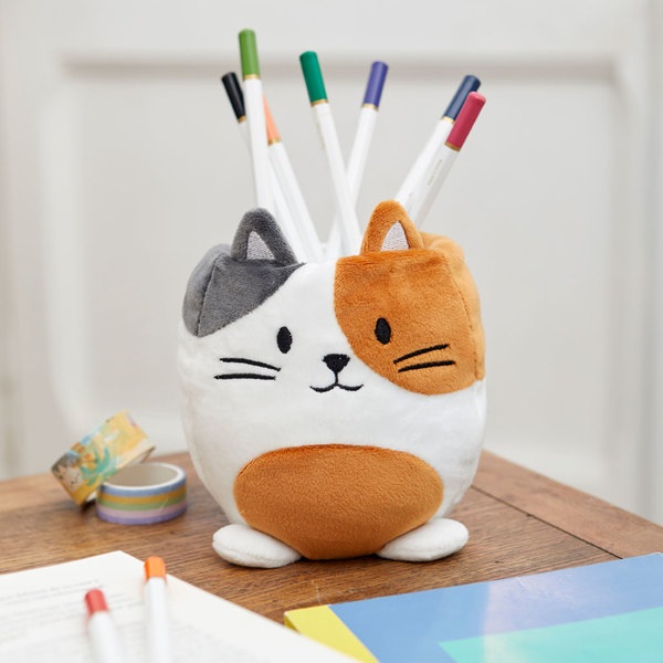 alvi Pot à crayons Fluffy Kitty Calico Couleur blanc, marron et gris Chat tricolore En peluche douce