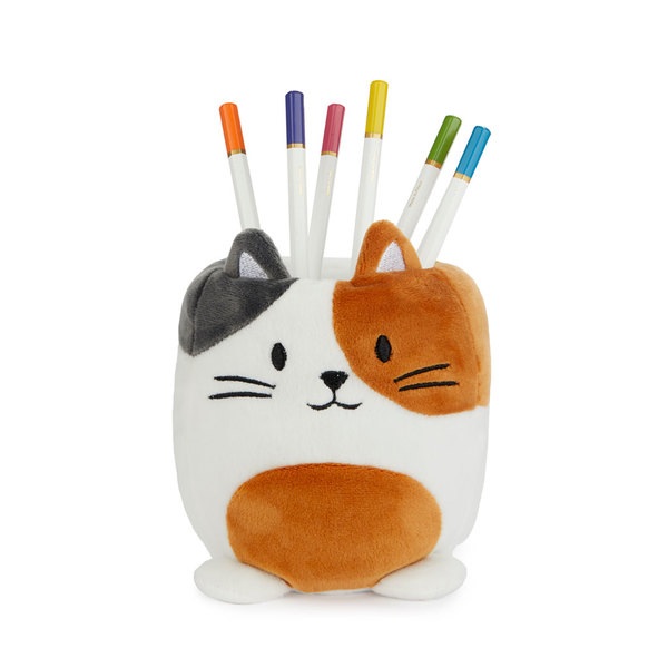 alvi Pot à crayons Fluffy Kitty Calico Couleur blanc, marron et gris Chat tricolore En peluche douce