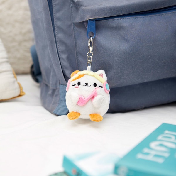 alvi Llavero Fluffy Kawaii Melody Color blanco Gato con auriculares Suave y esponjoso Poliéster/meta