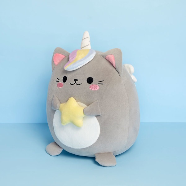 Balvi Cojín Fluffy Kawaii Starry Color gris Gato unicornio con estrella Suave y esponjoso Nylon