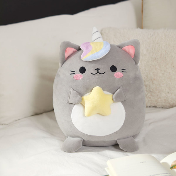 Balvi Cojín Fluffy Kawaii Starry Color gris Gato unicornio con estrella Suave y esponjoso Nylon