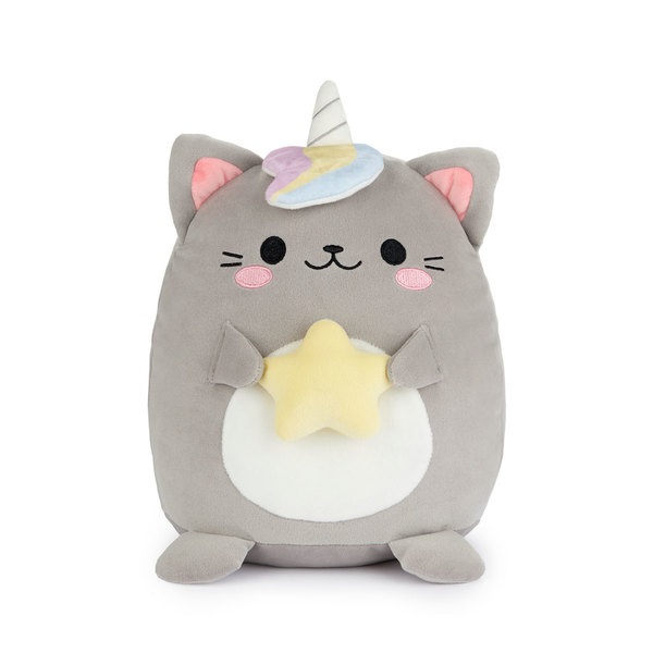 Balvi Cojín Fluffy Kawaii Starry Color gris Gato unicornio con estrella Suave y esponjoso Nylon