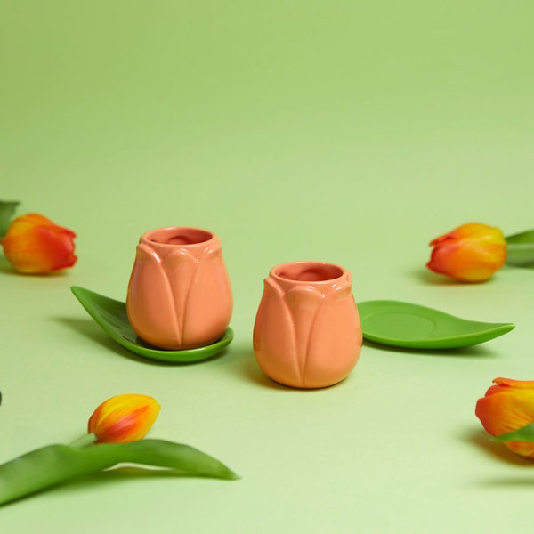 alvi Set coffee cups Tulip Orange/green Color 2 tulip-shaped cups and 2 leaf-shape plates Ceramic (2