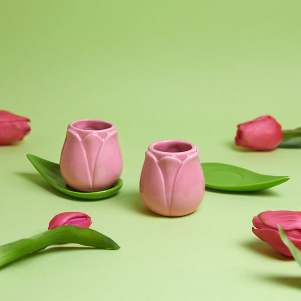 alvi Set tazas café Tulip Color rosa/verde 2 tazas con forma de tulipán y 2 platos con forma de hoja