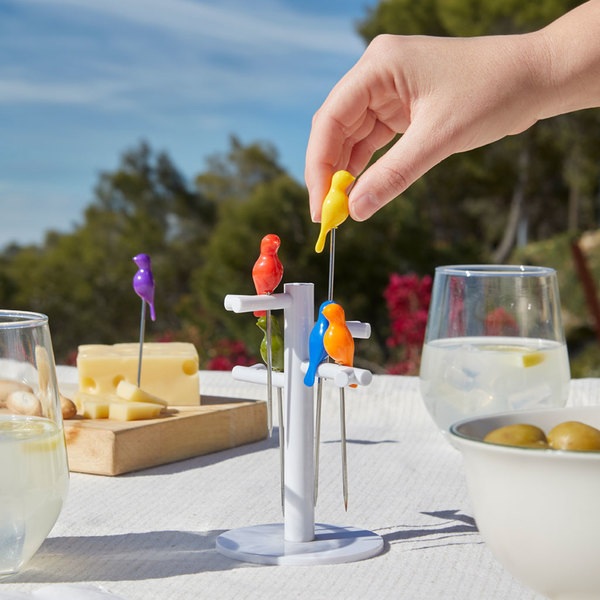 Balvi Snack fork Birdies 6 forks or metal sticks Shaped bird and 1tree shaped base Plastic